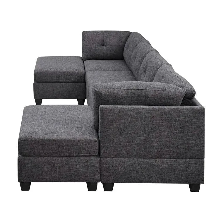 Ailey 6 Seater U Shape Interchangeable Fabric Sofa with 2 Ottoman